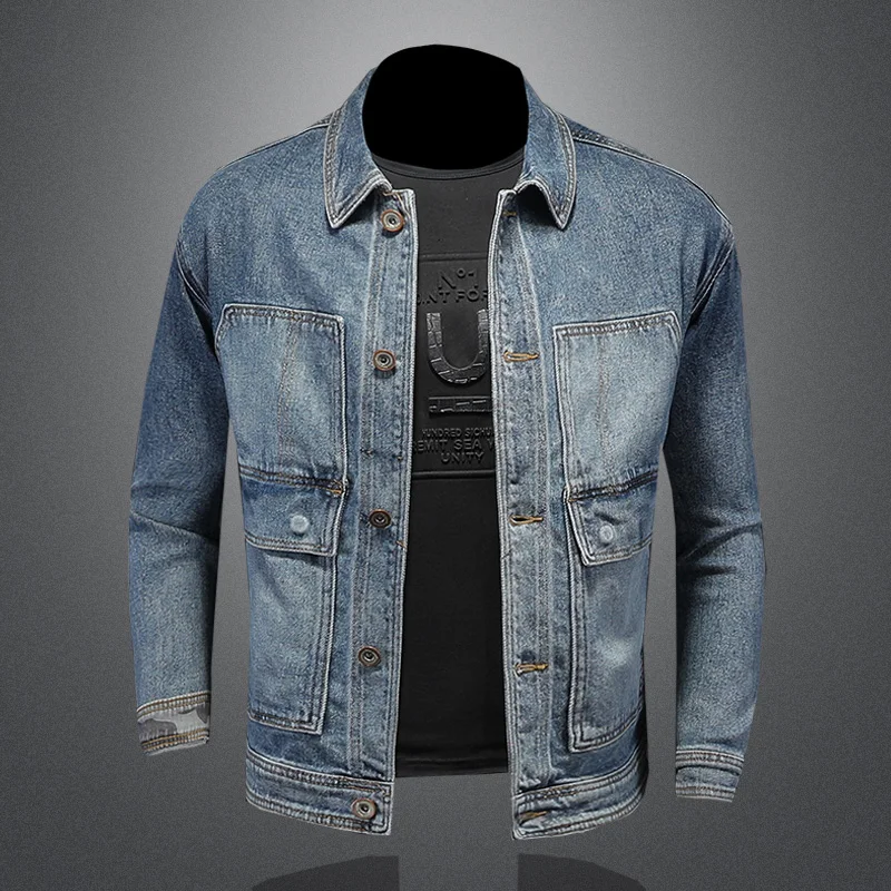 Jaket Denim Katun Kasual Pria Baru Musim Semi 2023 Mantel Jeans Biru Retro Dicuci Ramping Mode Gaya Klasik Jaket Pria Baju Merek