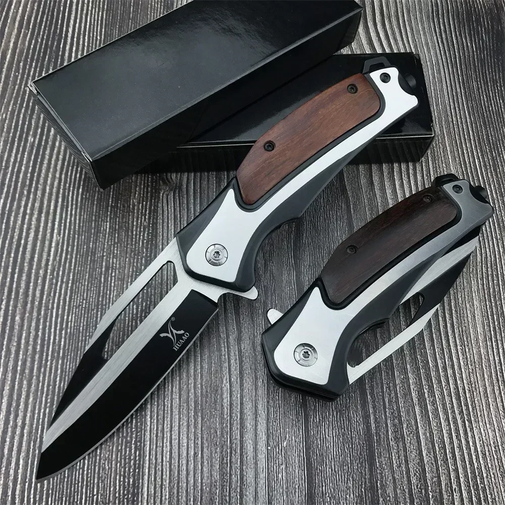 HUAAO DA130 Flipper Assisted Folding Knife 5Cr13Mov Blade Colored Wood Handle Outdoor Camping Pocket Hunting Knife EDC Tool