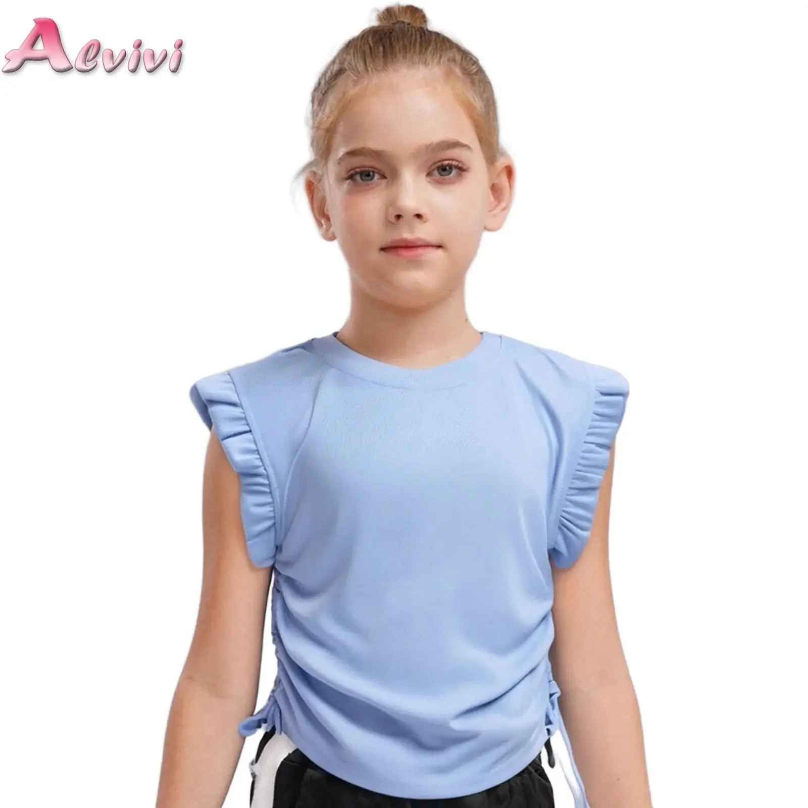 

Kids Girls Fashion Drawstring Vest Casual Ruffle Sleeveless Round Neck T-shirt for Vacation Beach Picnic Amusement Park