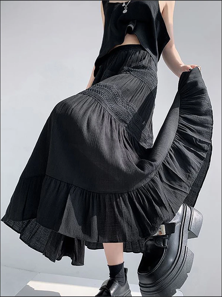 

Women Long Dresses Summer Fashion Sling Lace Up Sleeveless Solid Black Pleated Nipped Waist Ruffles A-link Party Dresses