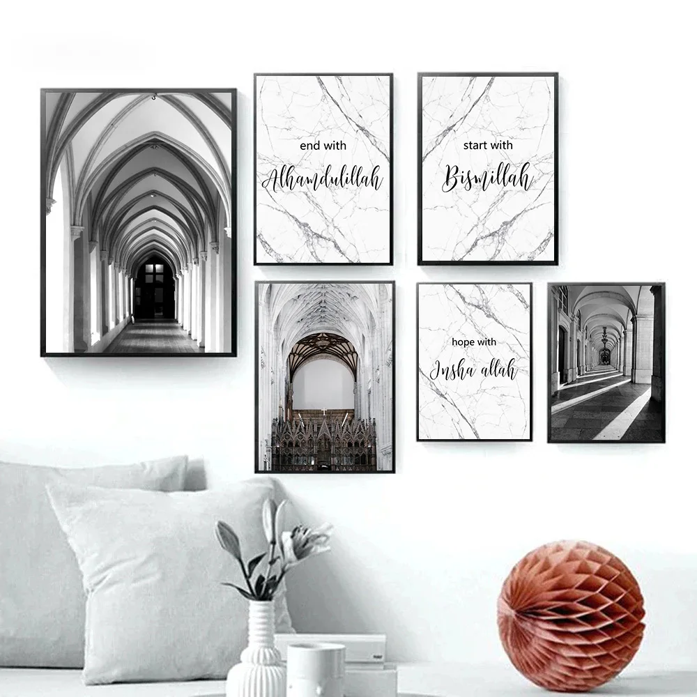 

Black And White Morocco Canvas Print Marble Islamic Calligraphy Poster Arabic Muslim Wall Art Painting Picture Living Room Decor