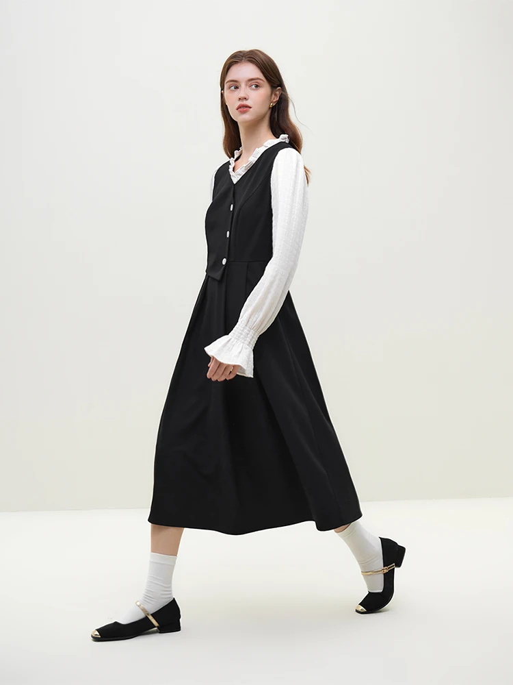 FSLE V-Neck Patchwork Design Women Long Black Dresses Office Lady 2023 Winter Twill Thicken Mid-Length Dress