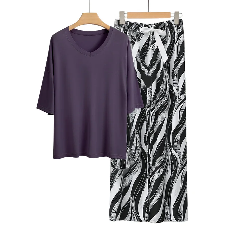 

New Modal Women's Nightwear Sleepwear Print Pajama Set Short Sleeve Tops Elastic Pants Suit Loungewear Pijama 2026 Home Clothes