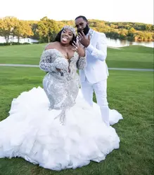 Plus size Mermaid Aso Ebi Wedding Dresses 2022 Luxury Sparkly Crystal Lace Beaded Royal Train Long Sleeve Black Girl Bridal Gown