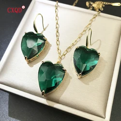 Colorful Clear Peach Heart Glass Pendant Necklace for Women Stainless Steel Chain Fashion Earring Jewelry Original Wholesale Set