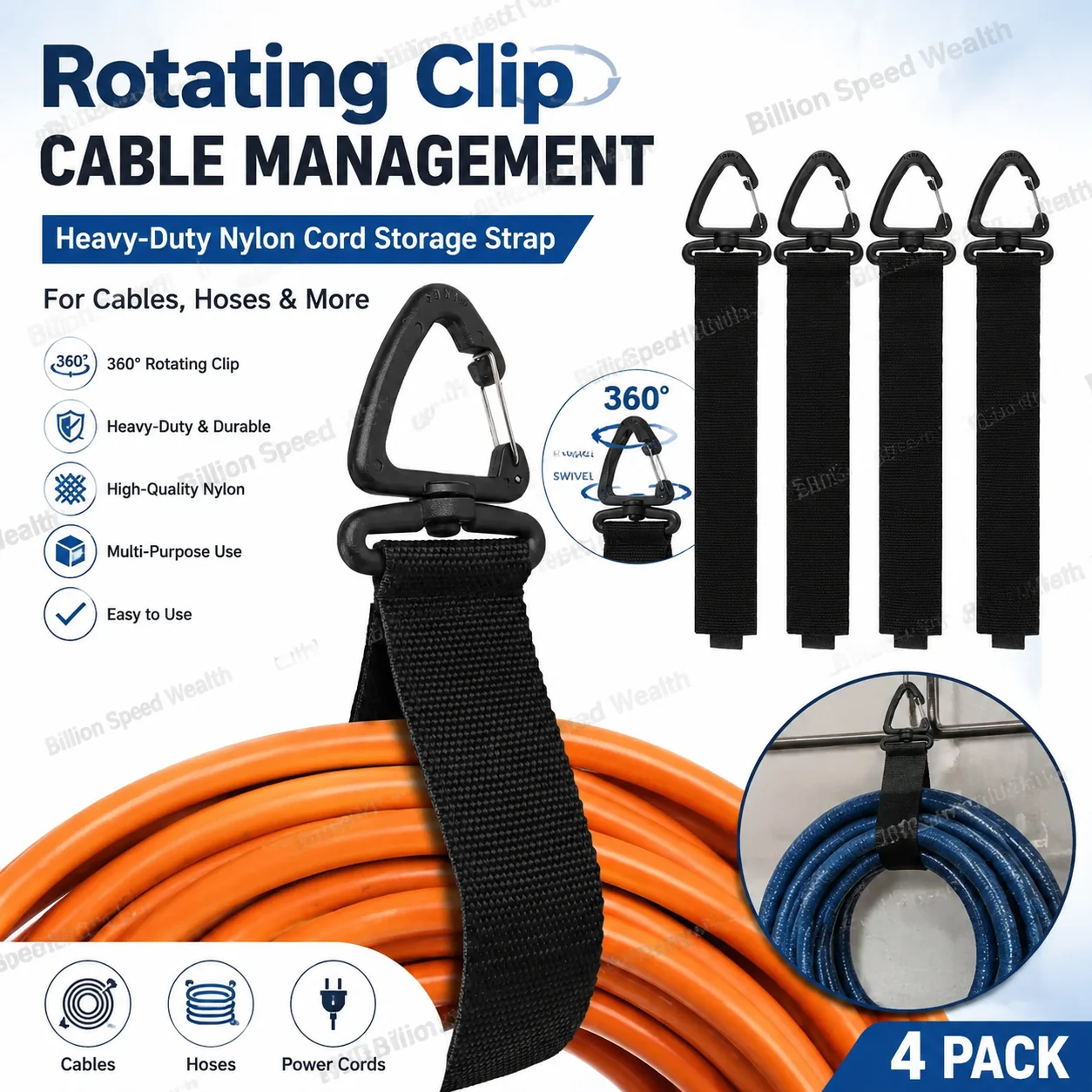 Cord Organizer Holder with Rotate Buckle Wire Manager Power Cord Management Nylon Heavy Cord Storage Straps for Cables Hoses