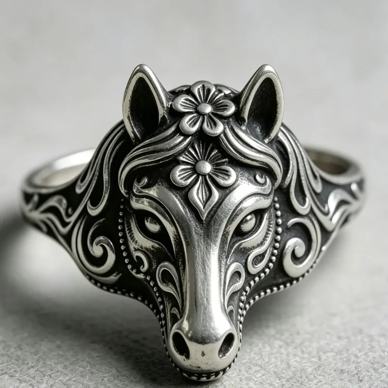 2026 new animal-shaped horse face ring, creative engraving pattern retro literary jewelry