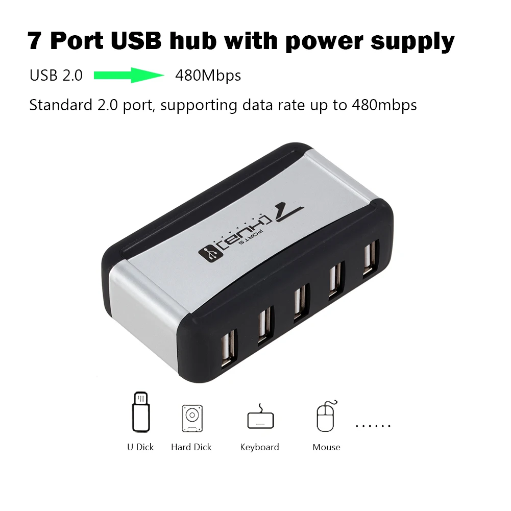 Vertical 7 Port USB Hub USB 2.0 Splitter with Power Adapter for PC Accessories