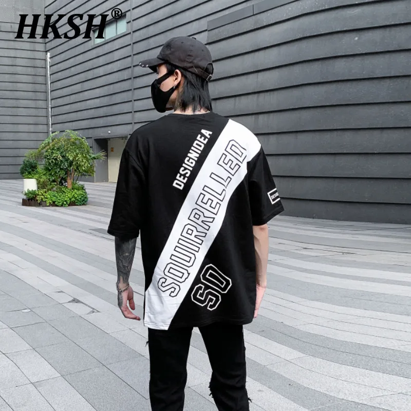 

HKSH Summer Spring New Men's Printed Short Sleeve T-shirt Color Contrast Casual O-Neck Pullover Punk Fashion Hip Hop Tees HK0141