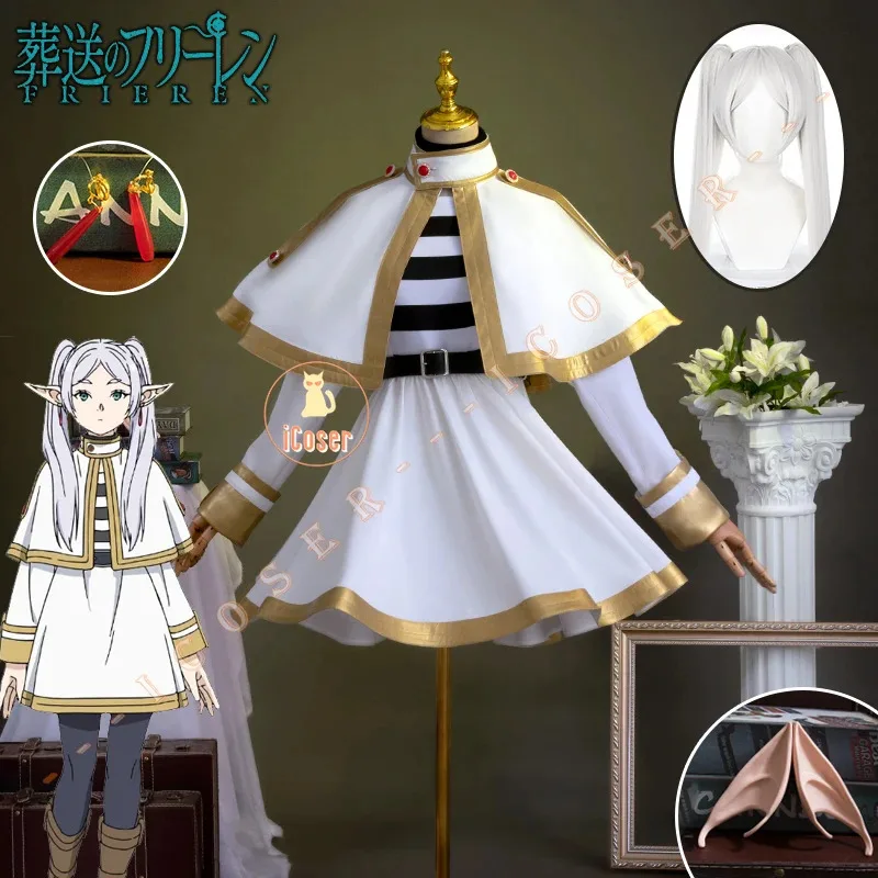 Disfraz de Frieren, peluca de Anime, Frieren Beyond Journey's End, vestido con orejas, pendientes, traje de mago, disfraz de fiesta de Halloween, conjunto para mujer
