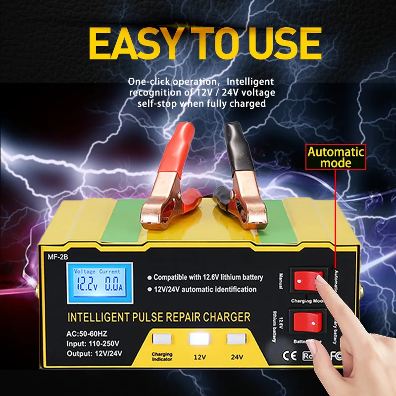 12V 24V Smart Car Battery Charger Fully Automatic Pulse Repair Charger for Truck Boat Motorcycle Lawn Mower Lithium Lead Acid Ba