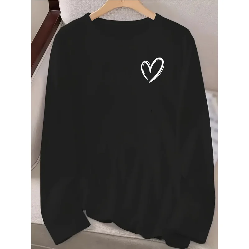[ T-Shirt]  Oversized Long-Sleeve T-Shirt for Women - Black with White Heart Design - Relaxed Round Neckline - Moderate Stretch