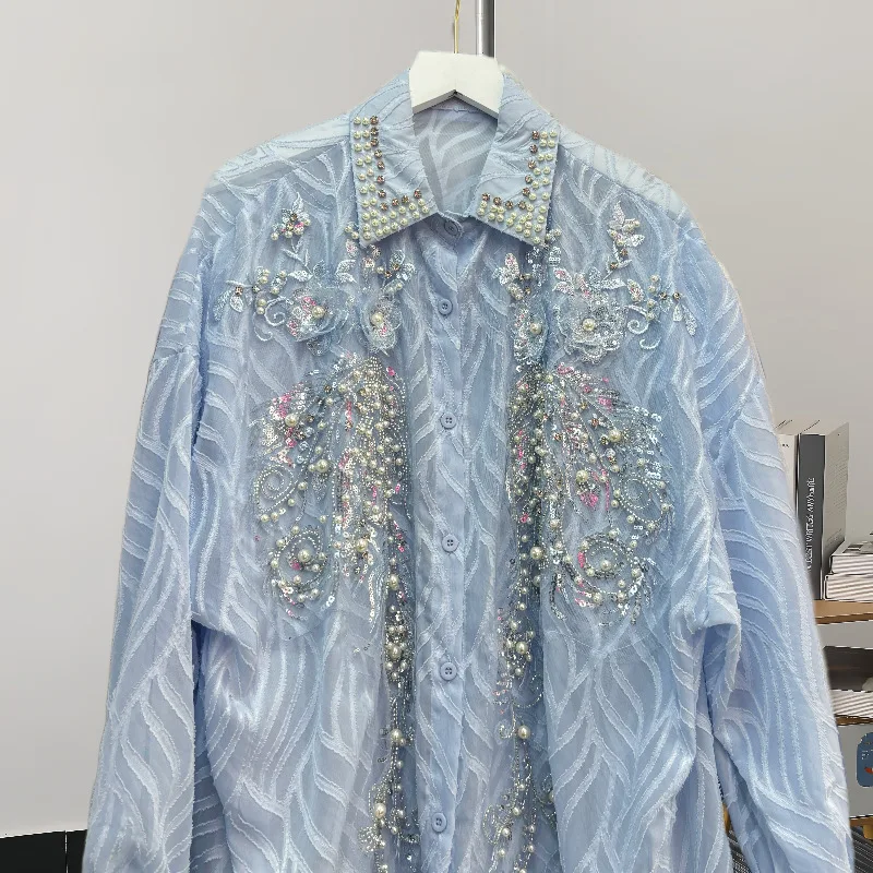 

French Style New Korean Version Versatile Sleeved Shirt For Women With A Niche Design, Medium To Long Length Heavy Industry