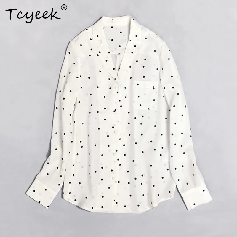 

Tcyeek 100%Mulberry Silk Women Elegant Blouse Simple Design Long Sleeves Polka Dot V Neck Graceful Style Shirt New T37818QC