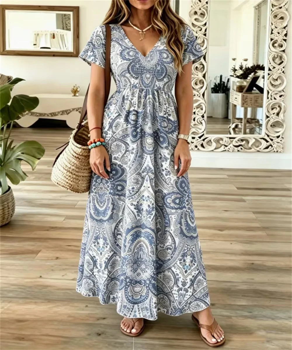 Ladies' Summer New Retro Paisley Cashew Pattern Printed Dress, Elegant Casual Long Sleeve with V-neck Short Sleeve