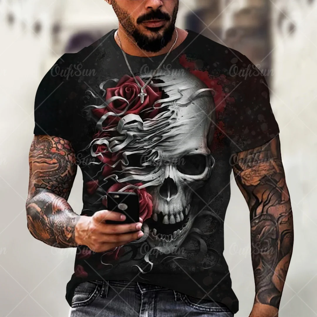 هالوين روك الشرير الجمجمة الجرافيك تي شيرت ثلاثية الأبعاد الطباعة الصيف الترفيه الجافة بسرعة تي شيرت رجالي ملابس الأطفال المحملة Y2k امرأة