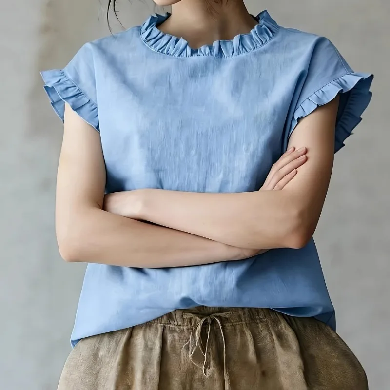 Women Solid Linen Ruffle Neck Short Sleeve Casual Loose Lightweight Blouse Top