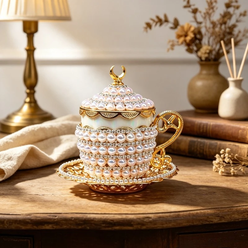 Turkish Crystal Gold Coffee Cup Glass Mug Tumbler with Lids Ottoman Style Elegant Premium Silver Vintage Home Decor Exquisite