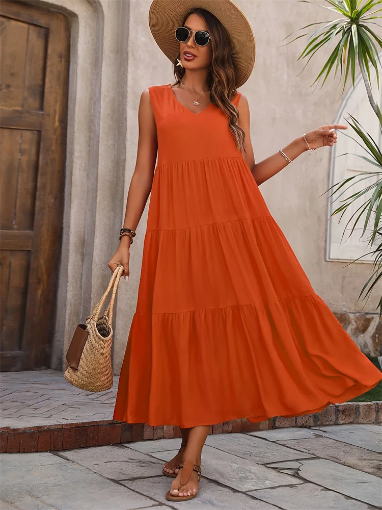 Loose Sleeveless Boho Dress 2024 V Neck Large Swing Solid Color Dress Tiered Ruffle Layer Summer Vest Dresses Long Vestidos