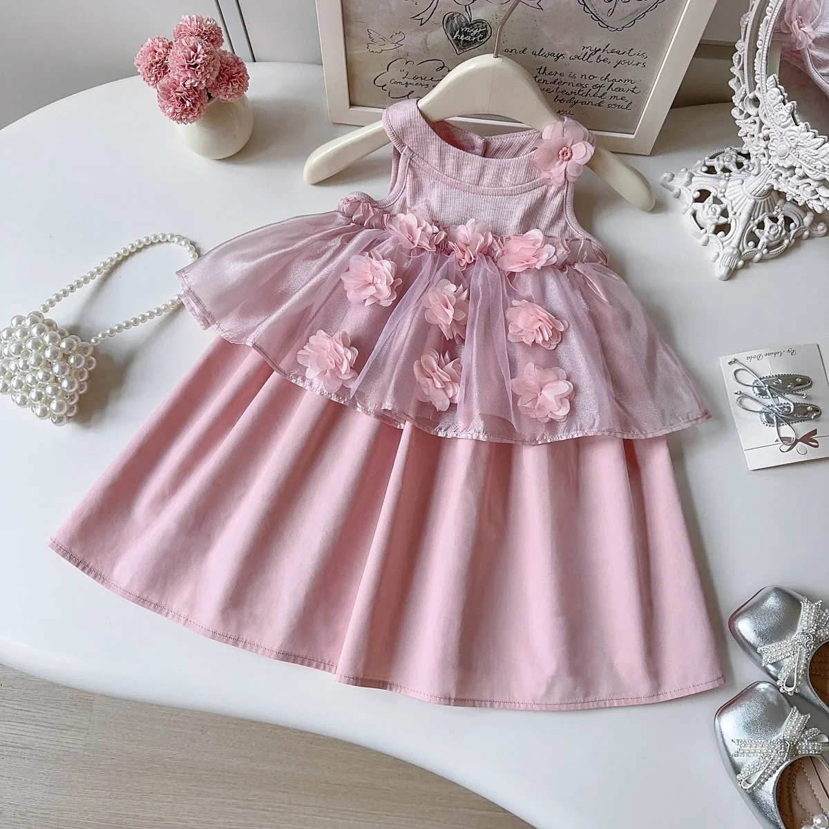 New Arrival Toddler Girl Raised Flower Mesh Tank Dress, Lovely Tulle Tutu Skirt, Children Stylish Princess Outfit for 90-140cm