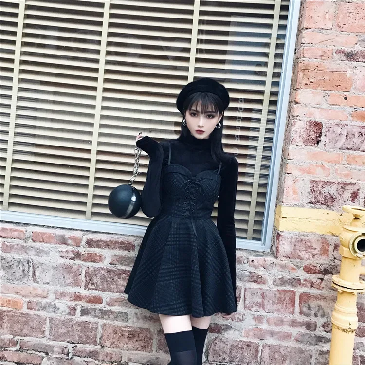 Ruibbit New Spring Autumn Women gray Plaid Pleated Dress Sling Strap Backless Rock Punk Dress Gothic Girls Female Short Dresses