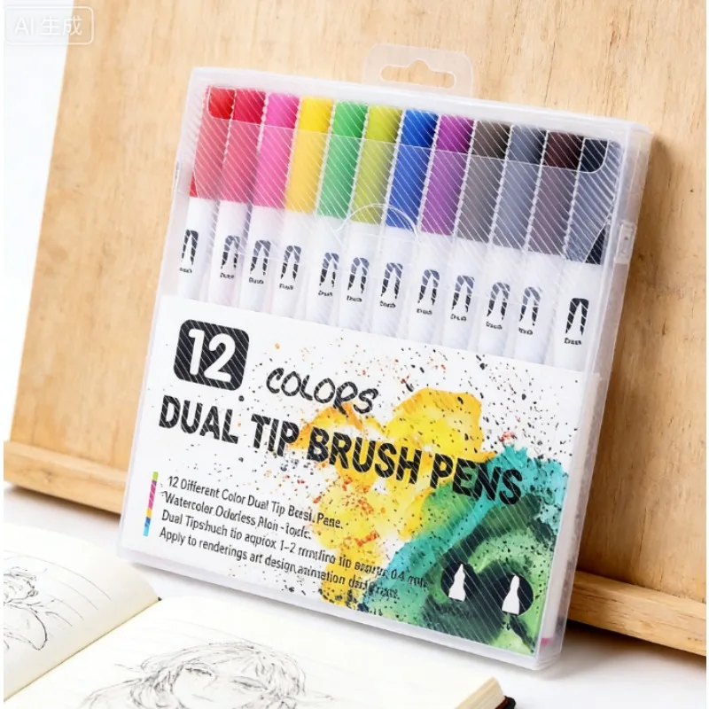 أقلام تحديد ذات طرف رفيع وفرشاة مكونة من 12 لونًا - مجموعة تلوين متعددة الأغراض لرسم اليوميات |   هدية عيد الشكر