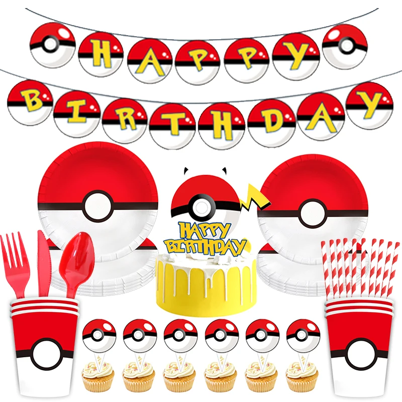 Pokemon Party Supplies Pikachu Party Dla Dzieci Happy Birthday Dekoracje Balony Tło Obrus Baner Zestaw Zastawy Stołowej