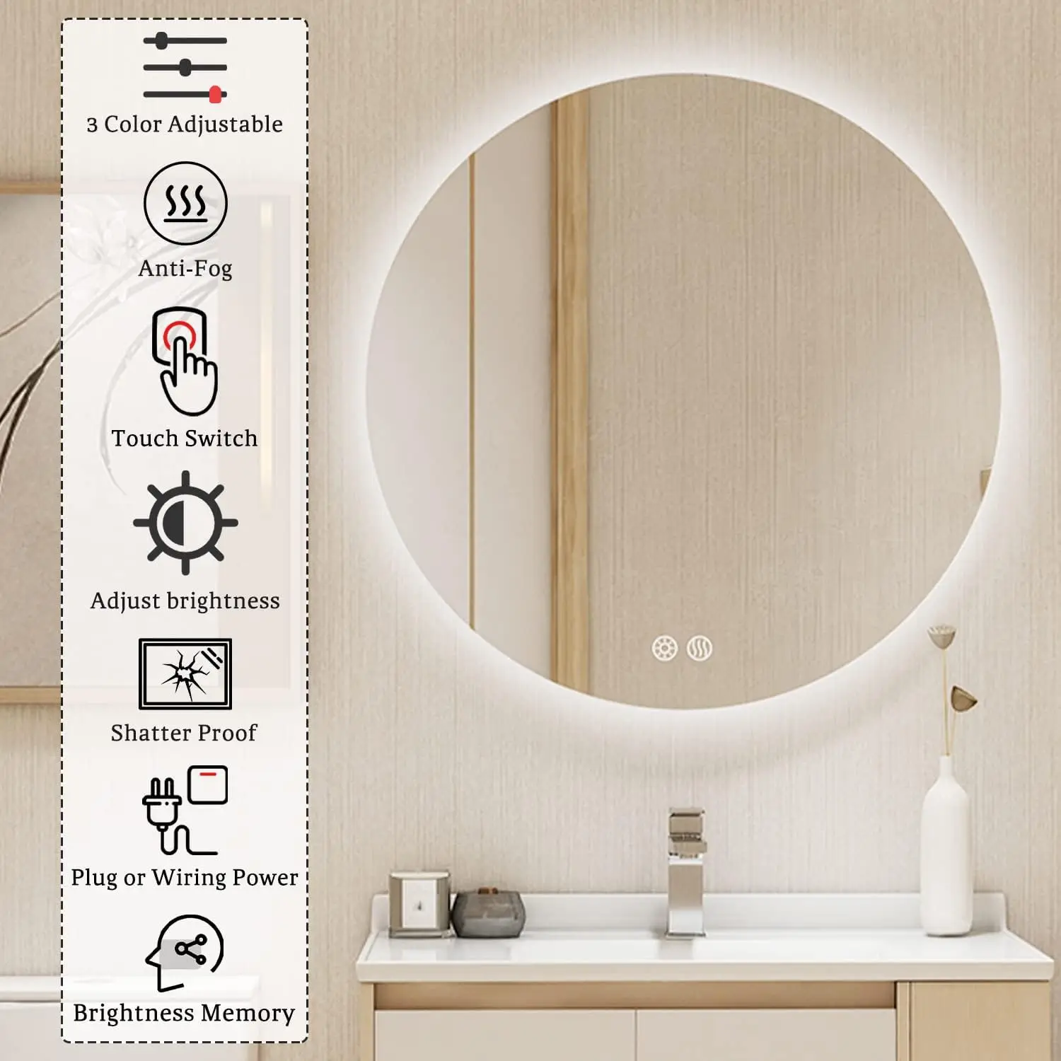 36 Inch Round LED Bathroom Mirror Backlit Anti-Fog Wall Mounted Lighted Bathroom Vanity Mirror 3 Colors Light Dimmable Smart