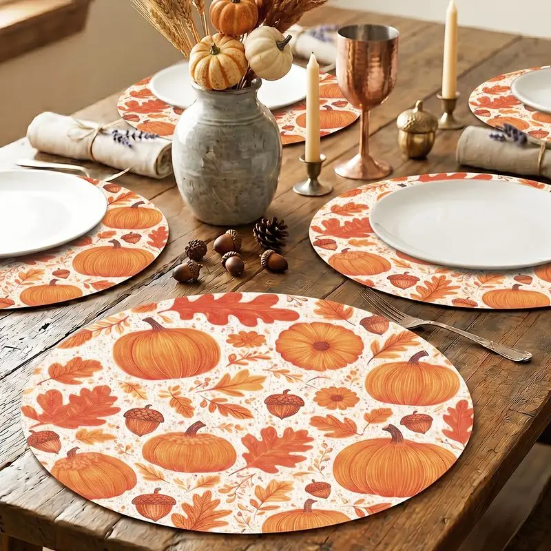 VIKAMA Fall Thanksgiving Round Placemat Pumpkin Maple Leaf Acorn Autumn Round Table Mat Heat Resistant Harvest Dinner Table