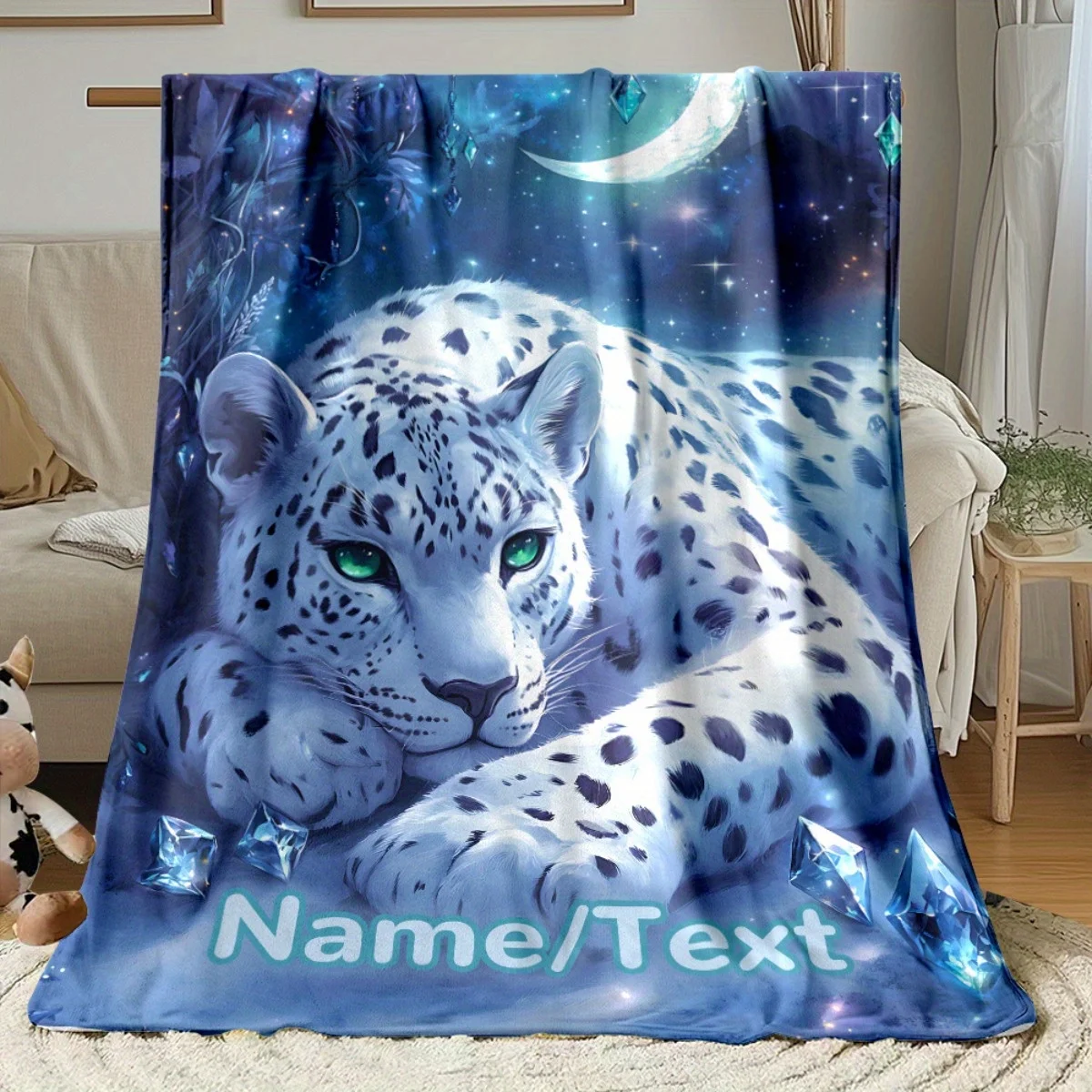 Personalized Custom Name Snow Leopard at Night Printed Flannel Blanket Soft Warm All-Season Throw for Sofa Bed Chair Office Home