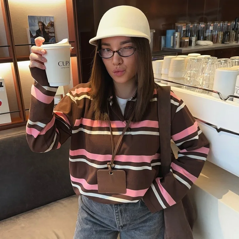 

New Fall Winter Fashion Casual Women's T-Shirts Long Sleeve Stripe Polo Knit Top with Ribbed Cuff Turtleneck Slim Fit Tee Y2K