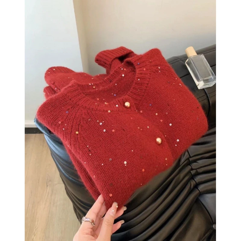 KUSAHIKI Sparkling Round Neck Sweater Cardigan for Women Autumn Winter 2024 New Retro Causal Korean Knitted Coat