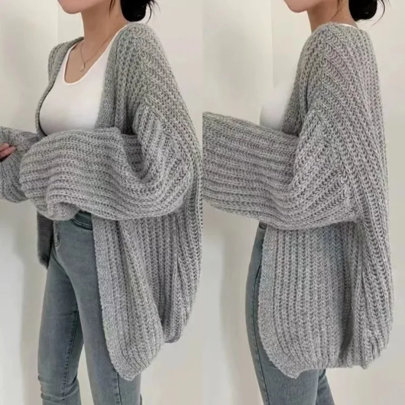 

Шикарная универсальная однотонная вязаная женская рубашка с длинными рукавами, новинка 2024, осенний повседневный свободный свитер с v-образным вырезом, уличный кардиган