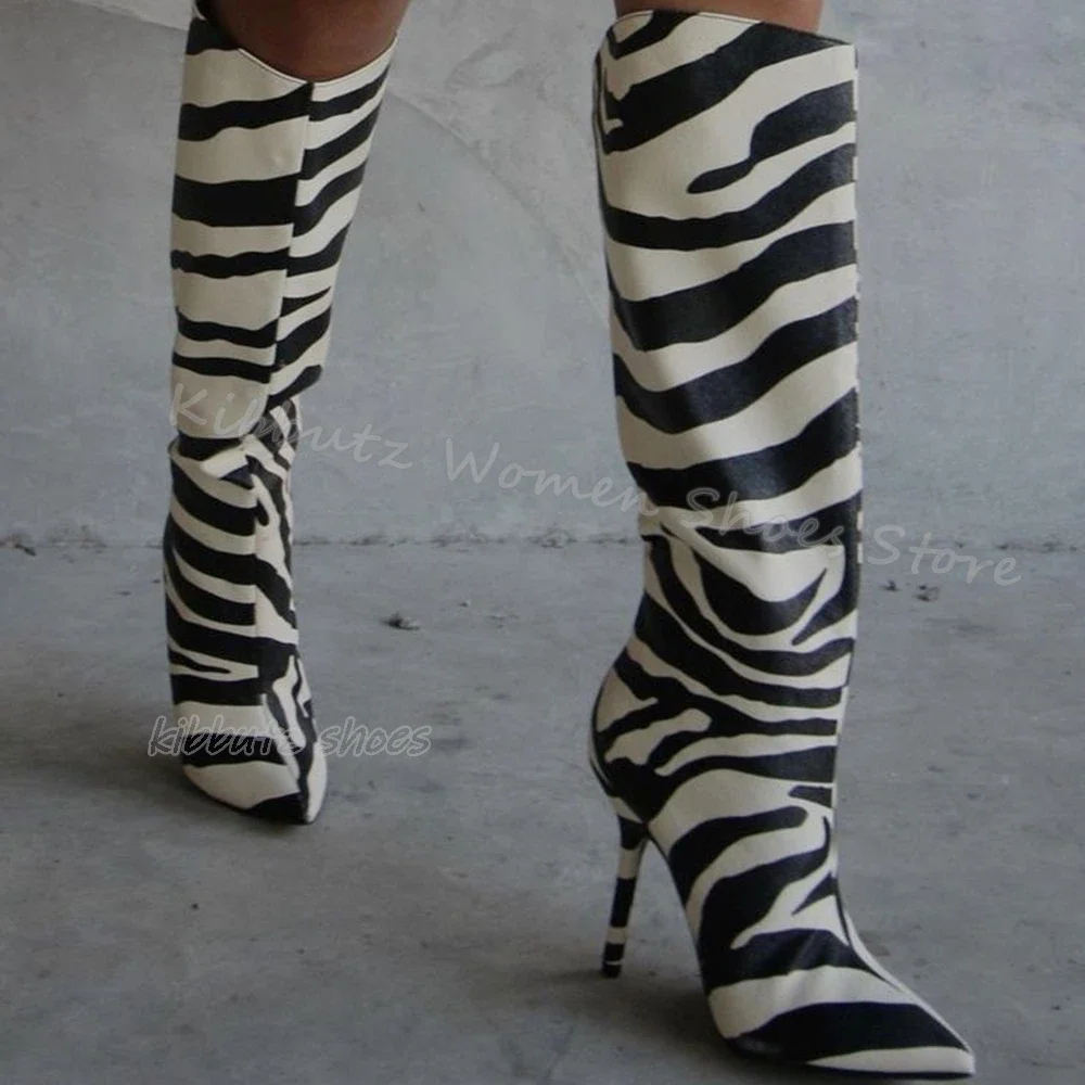 

Zebra Print Knee High Boots Luxury Leather Mixed Color Slip-On Elegant Concise Fashion Women Shoes New Pointed Toe Thin Heels