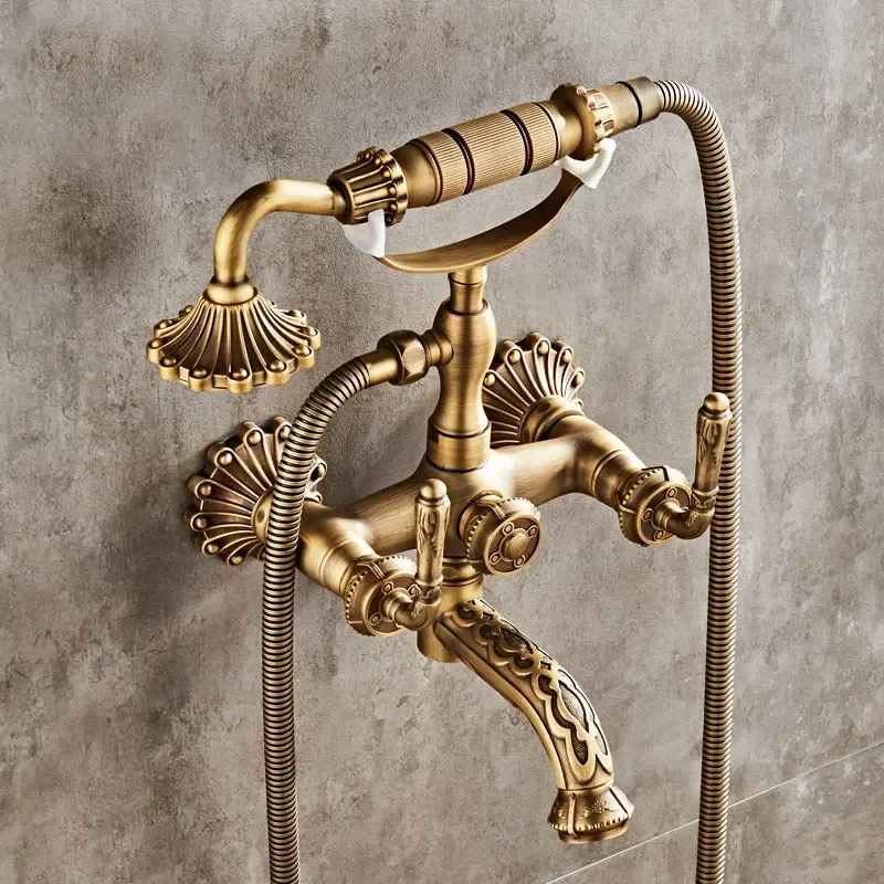 Antique Brass Bathtub Shower Faucets Set Wall Mounted    Swivel Tub Spout   Dual Control Carved Mixer Tap