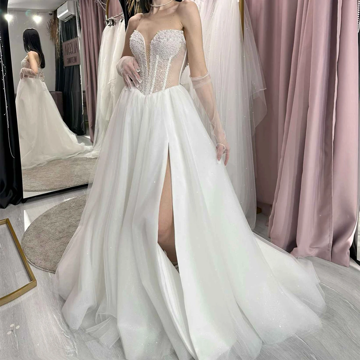 

Classic Beaded Tulle Long Ball Gown Wedding Dresses With Train High Slit A Line Pleated Bridal Gown For Bride Vestidos Novia