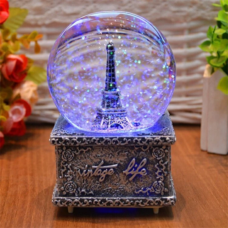 Eiffel Tower Crystal Music Box Flashing Light Globe Birthday Gift For Home TV Cabinet Shelf Decor For Women Couples Romantic