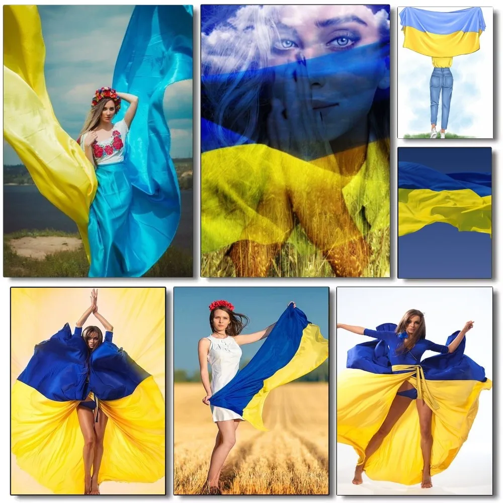 1pc Ukraine Flag Girl Pattern Poster Self-adhesive Art Waterproof Paper Sticker Coffee House Bar Room Wall Decor