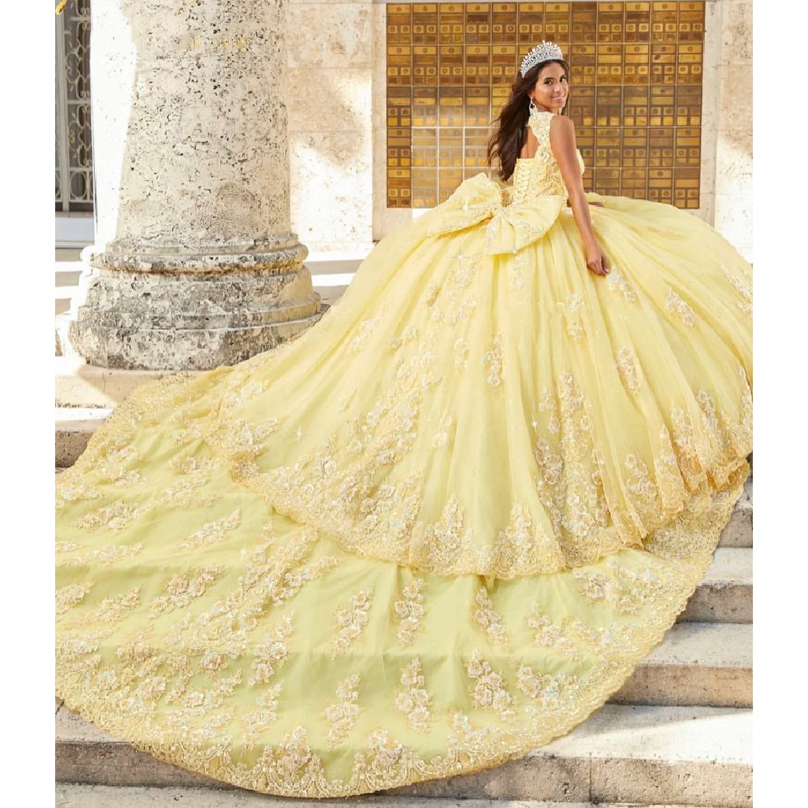 Vestidos De quinceañera amarillos para niñas, Vestidos De baile con apliques, cuentas De lazo, con cordones, elegantes, para fiesta De cumpleaños y graduación, 15 Años