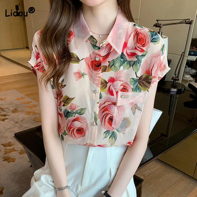 Korean Elegant Female Mesh Polo-Neck Printed Shirt Summer 2023 Temperament Fashion Short Sleeve Floral Blouse Women\'s Clothing