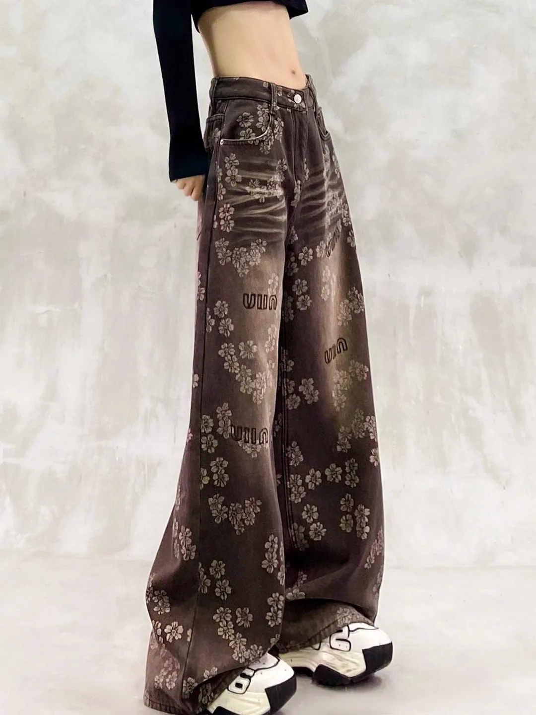 

Retro Casual Printed Letter Denim Jeans High Waist Slim Straight Wide Leg Pants Women's Autumn New Sle High Waist Loose Fit