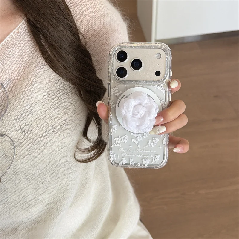 

Kawaii White Floral Print Glitter Clear For MagSafe Phone Case For iPhone 15 16 17 Pro Max INS Elegant Style Shockproof Cover