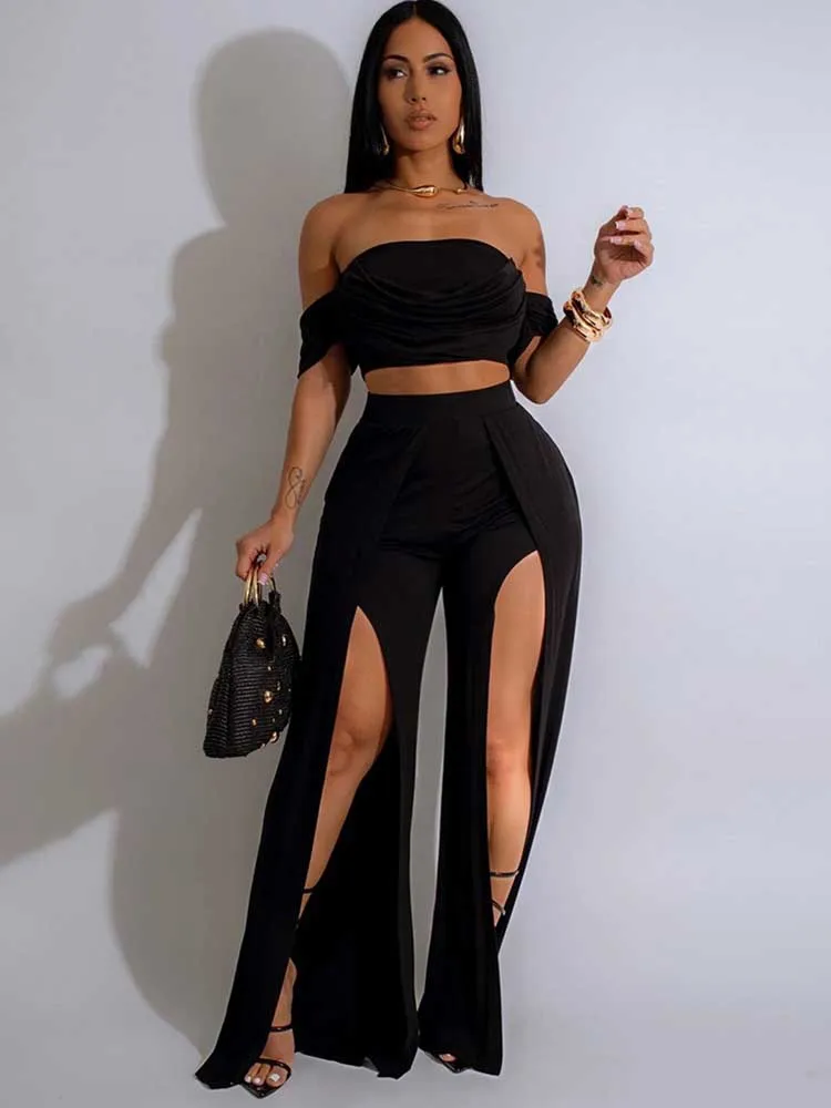 

Летние комплекты из 2 предметов, женский наряд, уличная одежда, сексуальный укороченный топ с открытыми плечами и брюки с разрезом, комплекты одежды, оптовая продажа, дропшиппинг