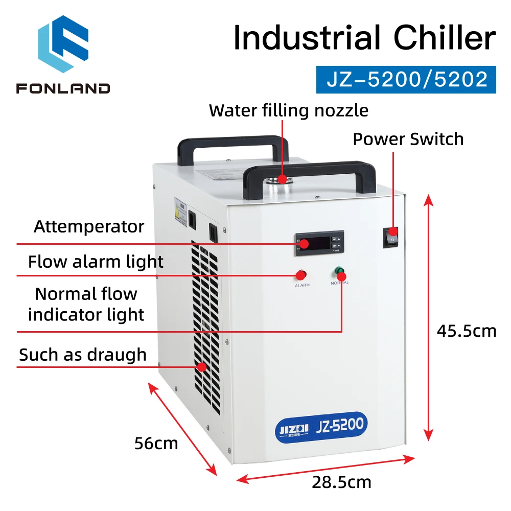 FONLAND JZ-5200/5202 Industrial Water Chiller for CO2 Laser Engraving Cutting Machine Cooling 100-150W Laser Tube DG110V AG220V