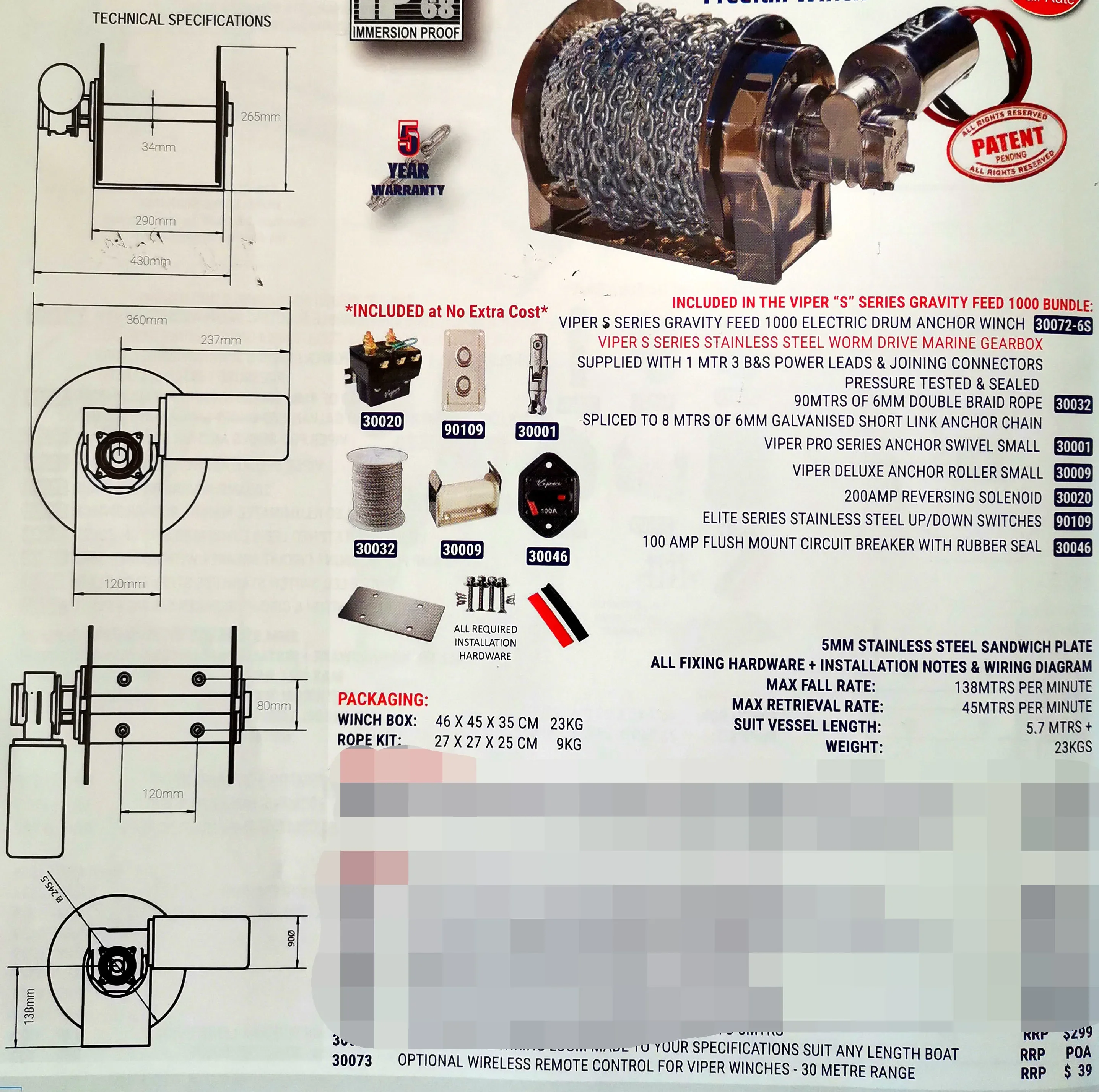 船舶用機器 ボートアクセサリー アンカリングシステム ラピッド1000W ステンレス鋼アンカーウィンチセット