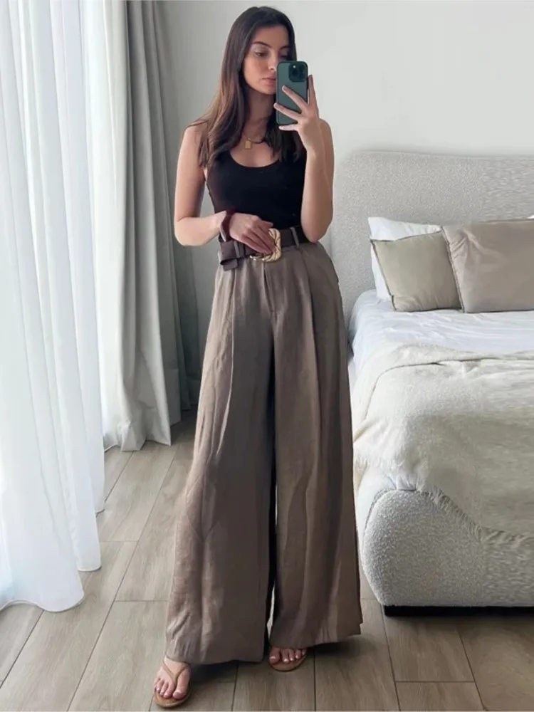 HipSeam Women Satin Trousers With Belt Spring Summer Simple Women's Pants Versatile Female Loose Pants Pocket Wide Leg Pants image 3