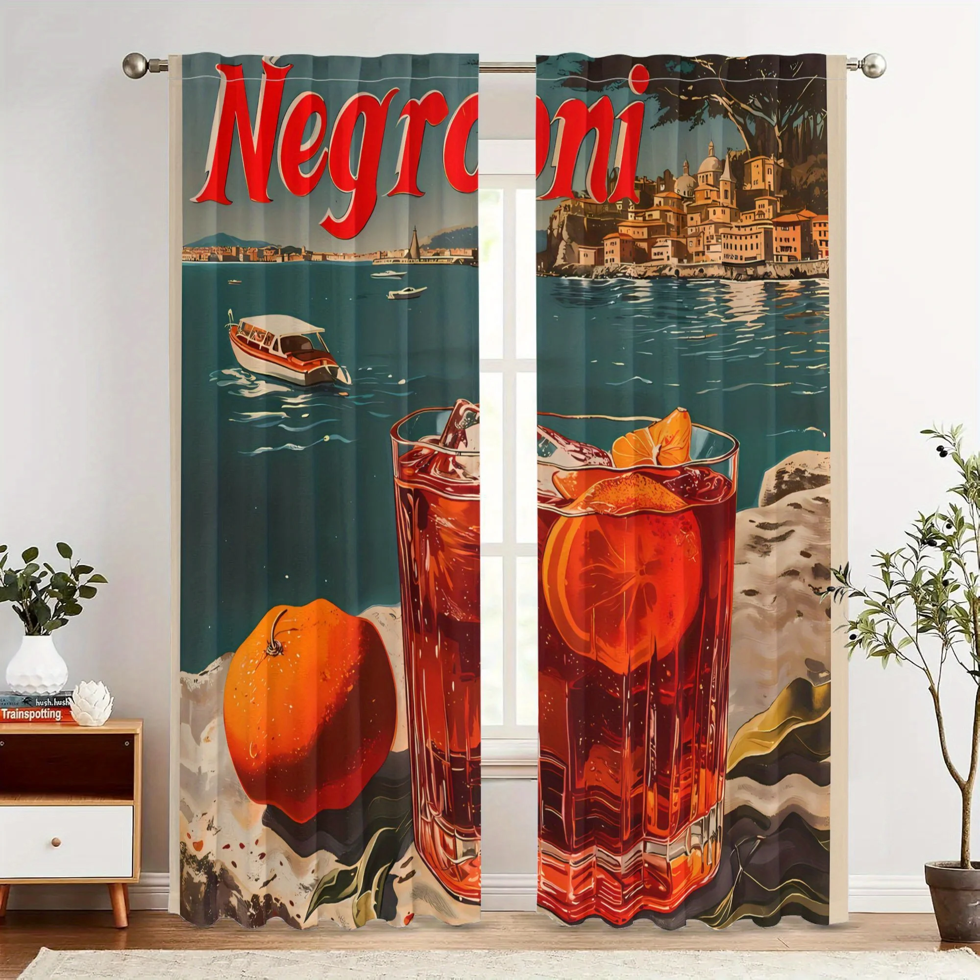 Negroni Cocktail Curtain - Vintage Coastal Design with Negroni Drinks & Orange Slices,  Polyester Light Blocking Mac