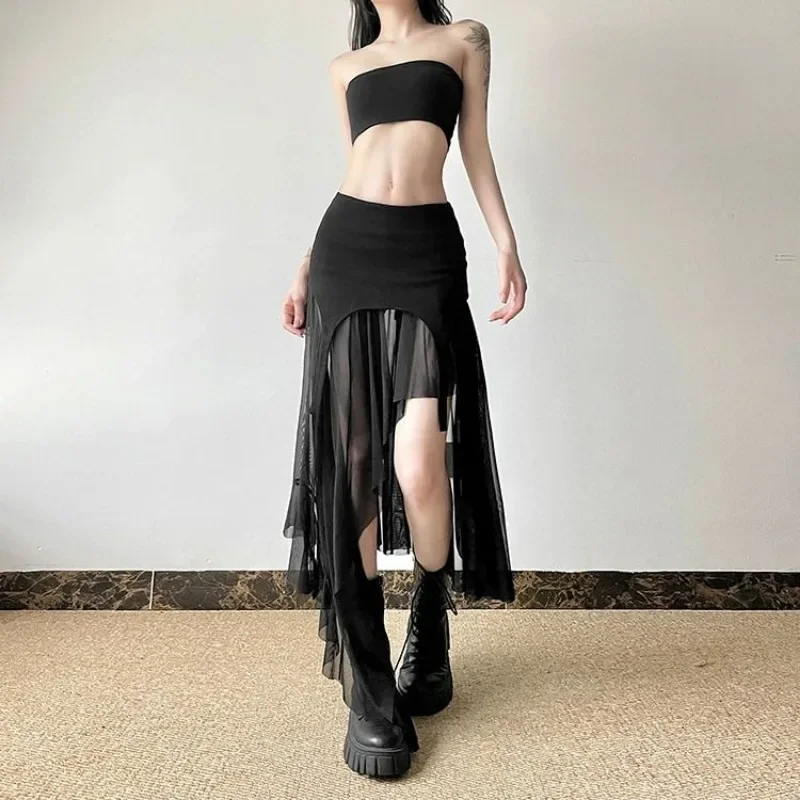 

Irregular Mesh Skirt for Women Y2k Hot Girl Style High-waisted Ruffled Skirt Slim Fit Vintage Fashion Female Clothing