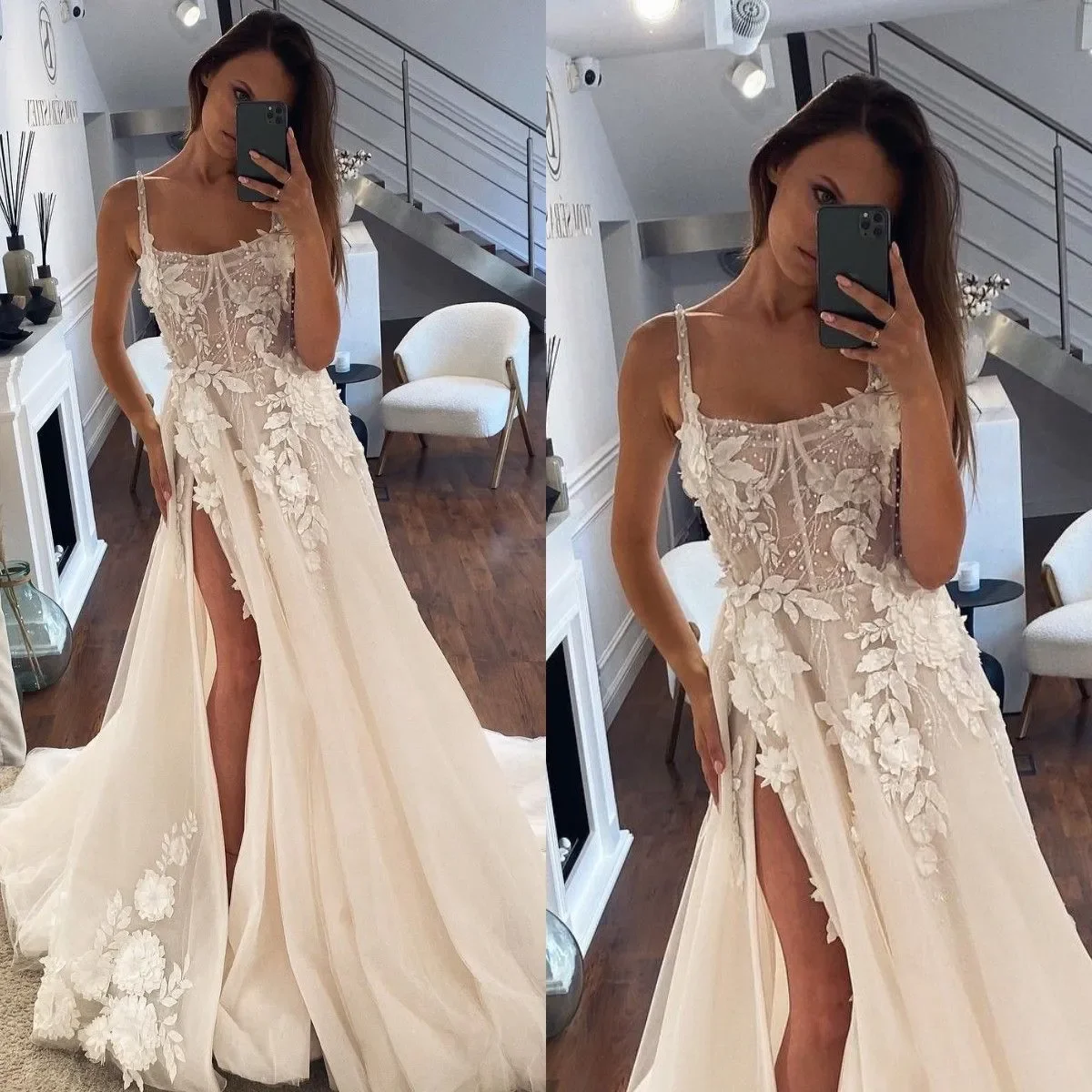 Robe de mariée italienne vintage A-Line, robe de mariée dos nu avec dentelle initiée, appliques en tulle, perle fendue, robe de designer pour patients