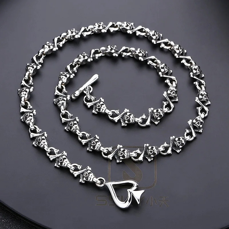 

S925 Sterling Silver Skull Necklace 45-60CM Unisex 8MM Heavy Body Spades Bone Fine Jewelry Chain FYNE349